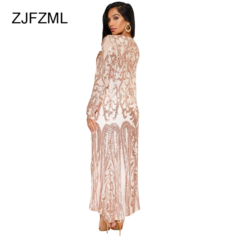 remarkable  ZJFZML Women Elegant Sequined Jacket Sexy Mesh See Through Long Coat Spring Autumn Full Sleeve Maxi