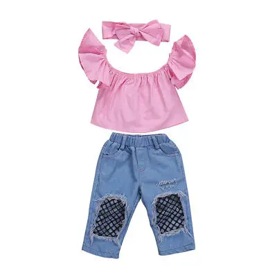 

Off Shoulder Tops T-Shirts Denim Pants Hole Jeans 3Pcs Outfits Set Clothing Fashion Baby Kids Girls Clothes Sets