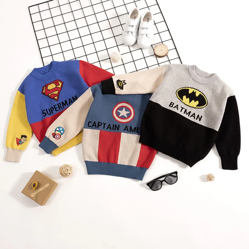 

Bodecin Autumn and Winter Boy's Long Sleeves O-neck Sweaters Babys Batman/Superman/Captain America Pattern Pullovers Sweaters