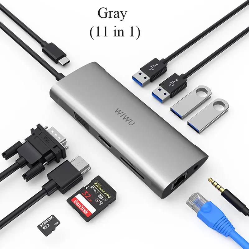 WIWU 11 в 1 мульти usb-хаб для MacBook Pro USB адаптер док-станция для зарядки type-c концентратор HDMI RJ45 VGA USB разветвитель 3,0 USB C концентратор - Цвет: Gray