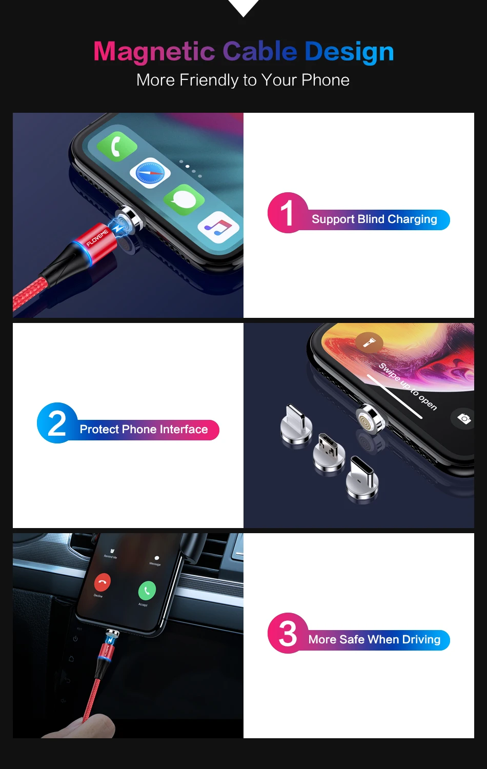 FLOVEME 3A Магнитный Micro USB кабель для iPhone XR 7 type-c зарядный шнур для передачи данных Быстрая Зарядка адаптер usb type C кабели для мобильных телефонов