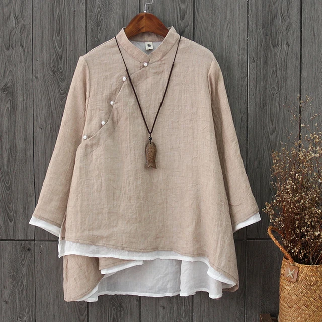 Cheap 6 Colors National Style Two Layer Stand Collar Pearls Oblique Button Cotton Linen Shirts Women Vintage Original Spring Blouses