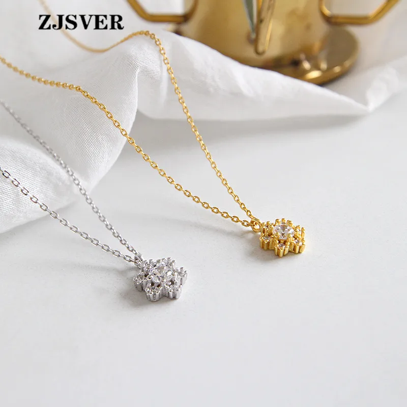 

ZJSVER Fine Jewelry 925 Sterling Silver Micro-inlay Zircon Flower Shape Pendant Golden/Silver Chain Women Necklace For Gift