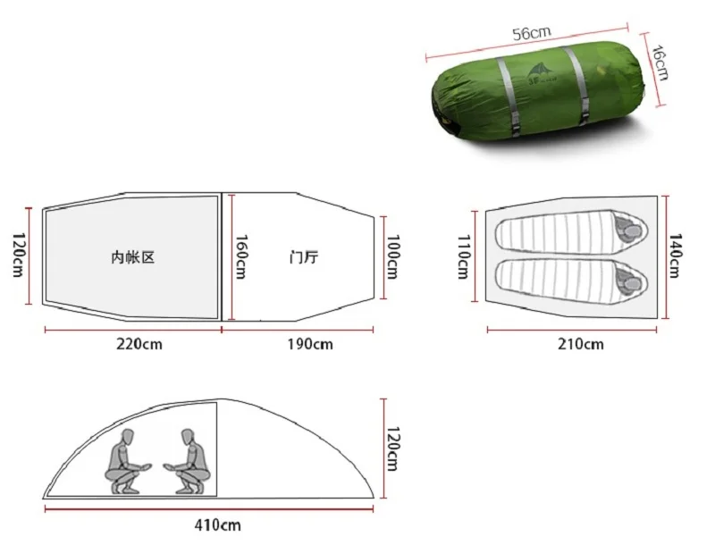 3f Ul gear 2 человек 4 сезон тоннель палатка Открытый Кемпинг Туризм Сверхлегкий большое пространство палатки