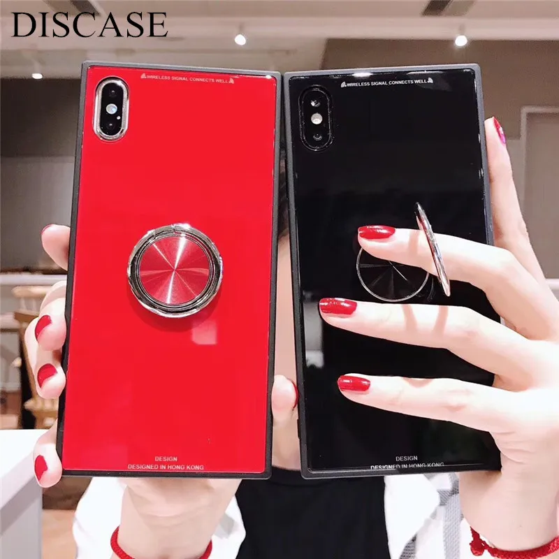 

DISCASE Square ring bracket Phone Case For iphone XS MAX 6s 6 8 7plus X XR Stylish solid color tempered glass case Back Cover