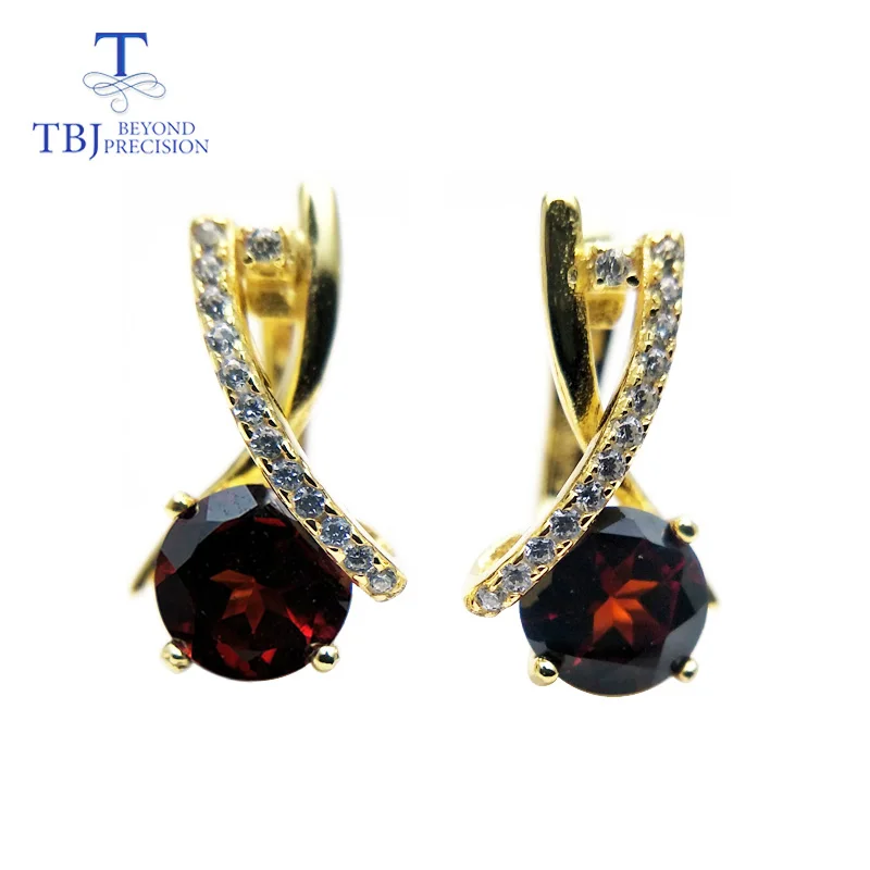 

TBJ,2018 new Clasp earring with natural mozambique garnet round 6mm 2ct gemstone earring 925 sterling silver for girls with box