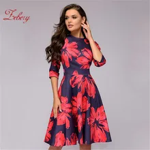 ZEBERY, женское Повседневное платье трапециевидной формы до колена с цветочным принтом, рукав три четверти, винтажное платье, зимнее нижнее платье