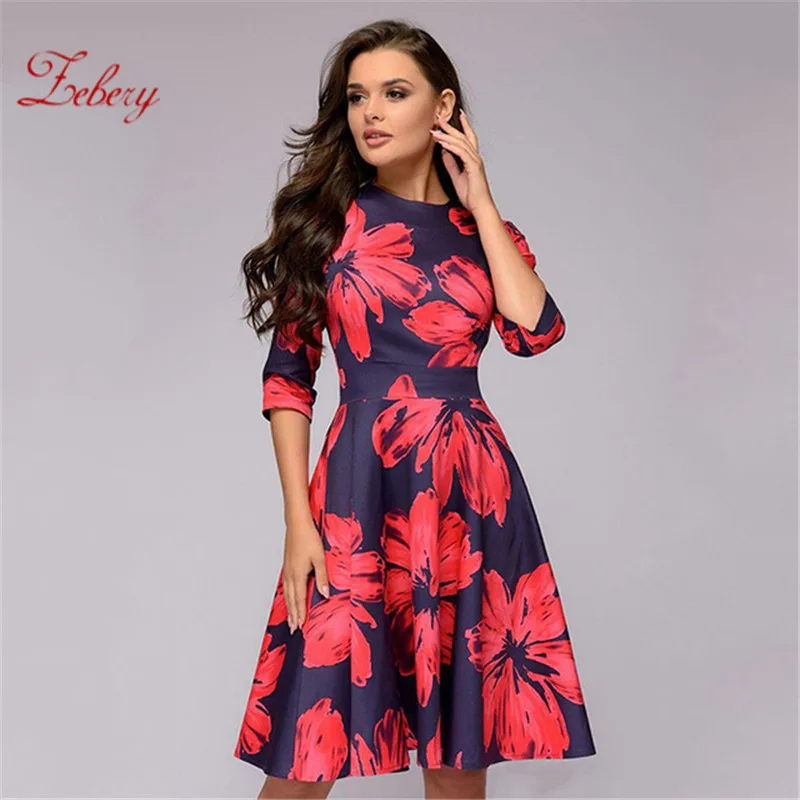 

ZEBERY 2019 Women Casual Knee-length A-line Dress Floral Printing Three Quarter Sleeve Vintage Vestidos Winter Bottom Dress