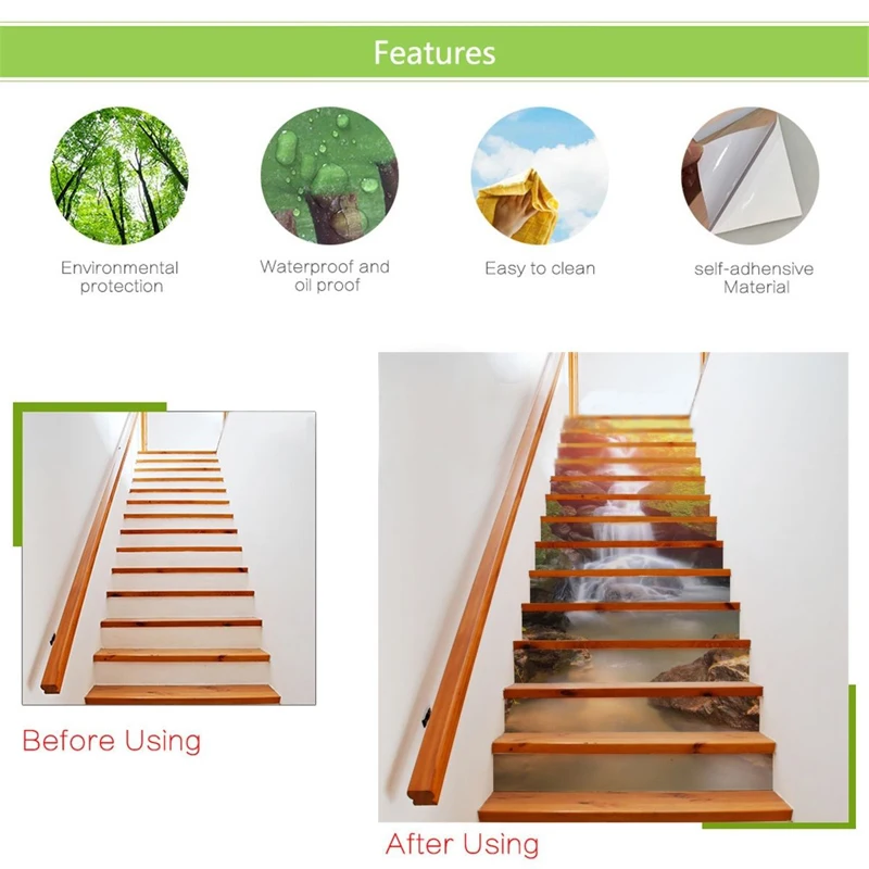 DIY 13Pcs 3D Sunshine Waterfall Stair Risers Decor Sticker Decal Wall paper