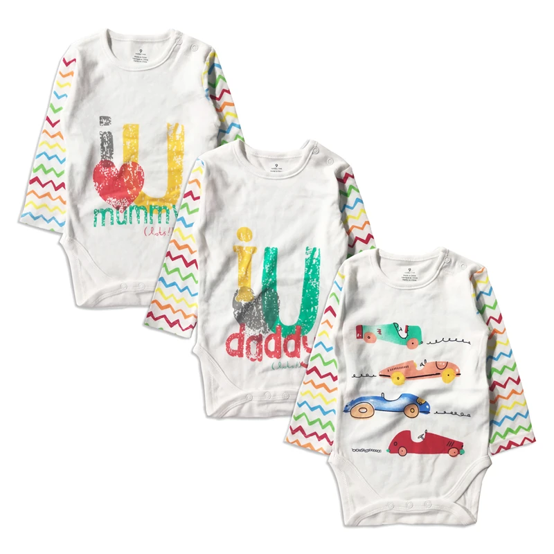 

3 PCS Baby Bodysuits Newborn Infant Jumpsuit Mummy&Daddy&Baby Letter Printed Colorful Ripple Long Sleeve Toddler Clothing 6-24M