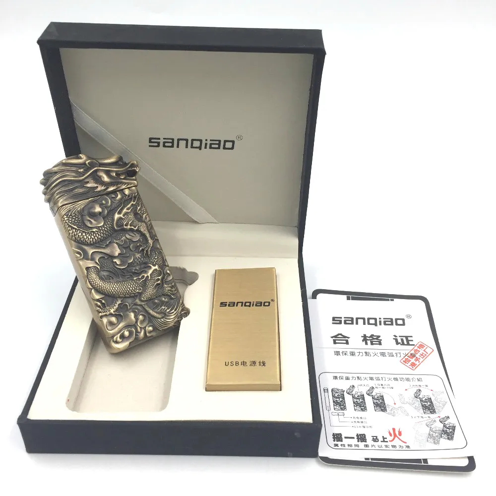 

USB Arc Lighter Gravity Wave Pulse Usb Cigarette Lighter Gold Plating Carving Windproof Lighters Electronic Lighter Gift Box