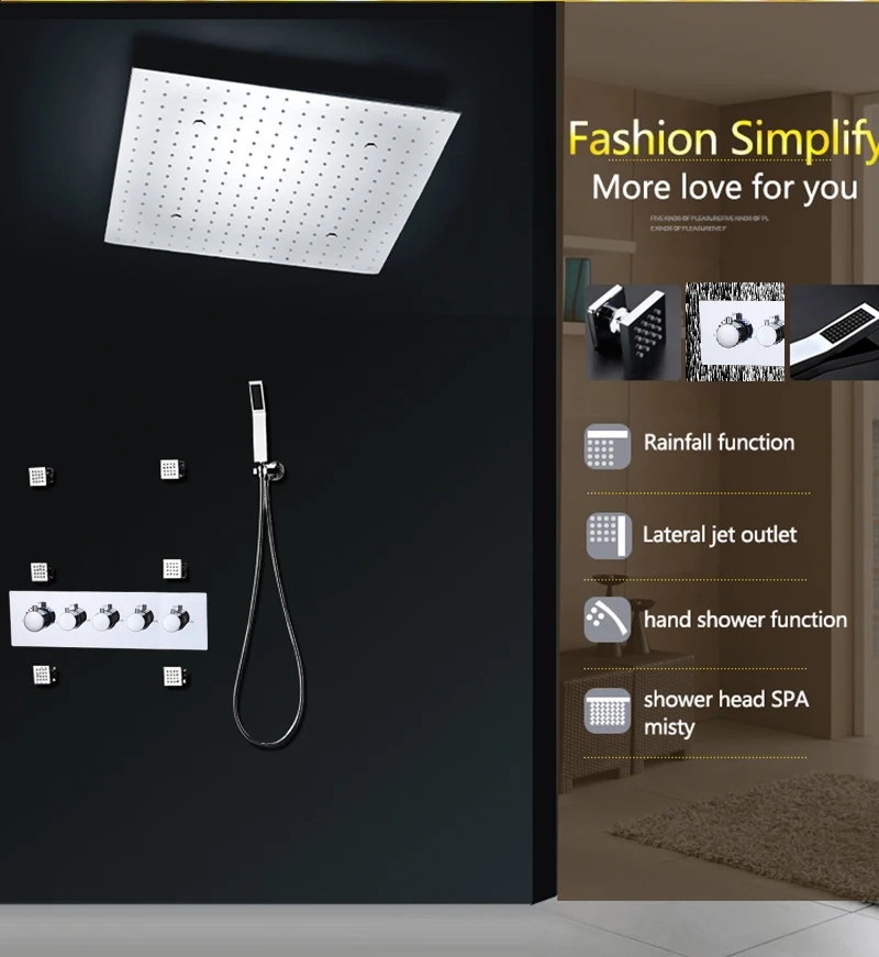 Smart Thermostat Concealed 20-Inch Shower Nozzle LED Shower Set Into the Wall Ceiling SPA Massage Spray Shower 2 Inch Body Jets (10)
