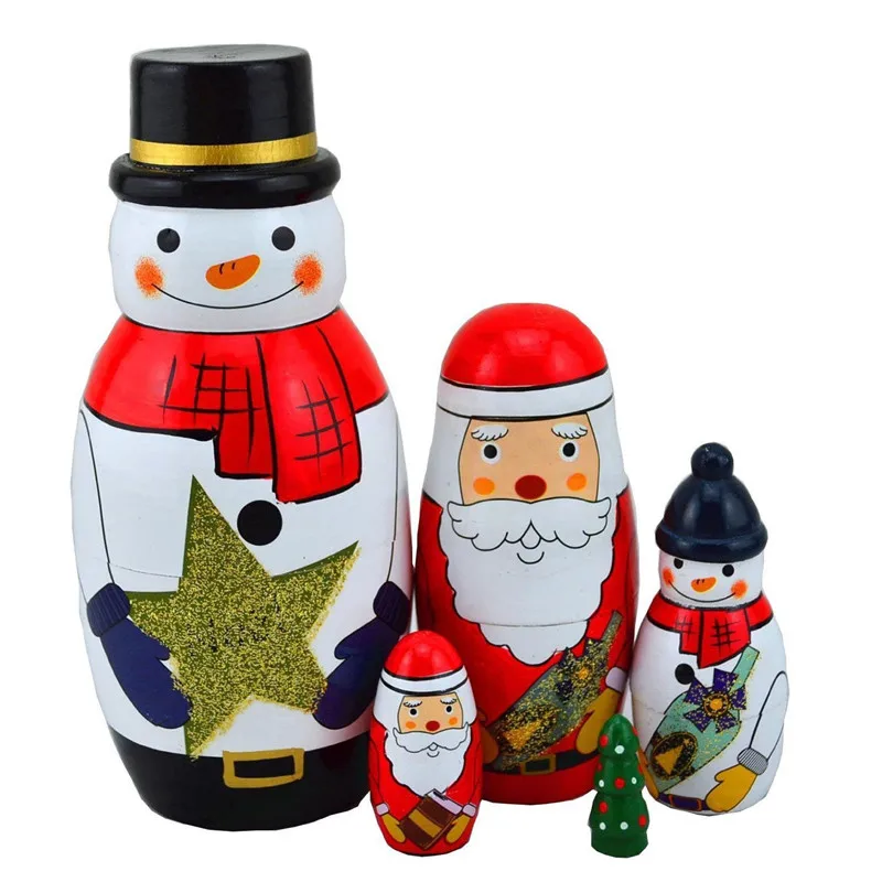 Handmade Painting Craft Snowman Santa Claus Christmas Tree Nesting Dolls Matryoshka Russian Doll Toy Set (1)