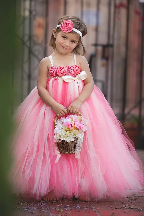 Hot pink and Ivory Flower Girl Dress with Flower Headband Toddler Baby