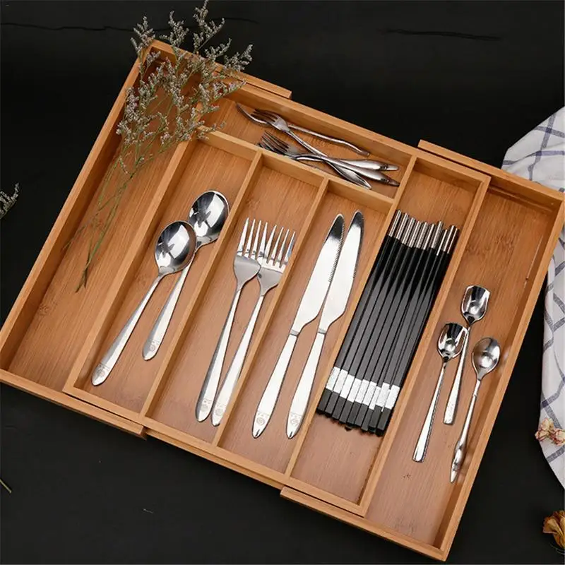 

5-Grid Kitchen Multi-Function Drawer Organizer Expandable Cutlery Bamboo Drawer Cutlery Tray Storage Box Rack Shelf Holder