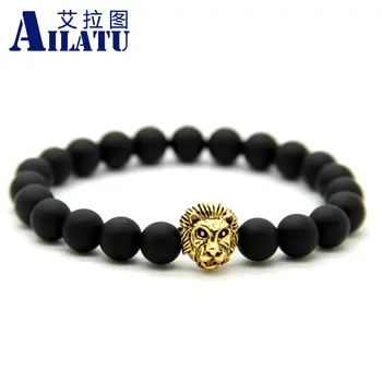 

Ailatu 10 Pieces New Design 8 mm Matte Onyx Stone Beads with High Quality Plated Lion Head Men Bracelet