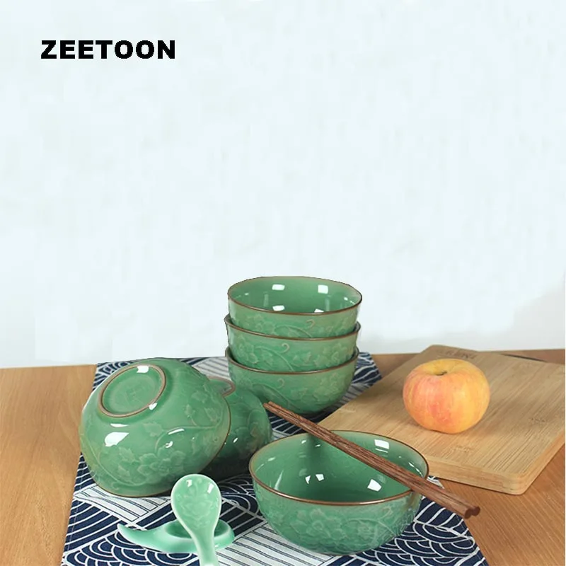 

1PCS 4.5/5 Inch Chinese Style Rice Bowl Longquan Celadon Ice Crack Texture Flower Pattern Soup Bowls Home Tableware Dinnerware