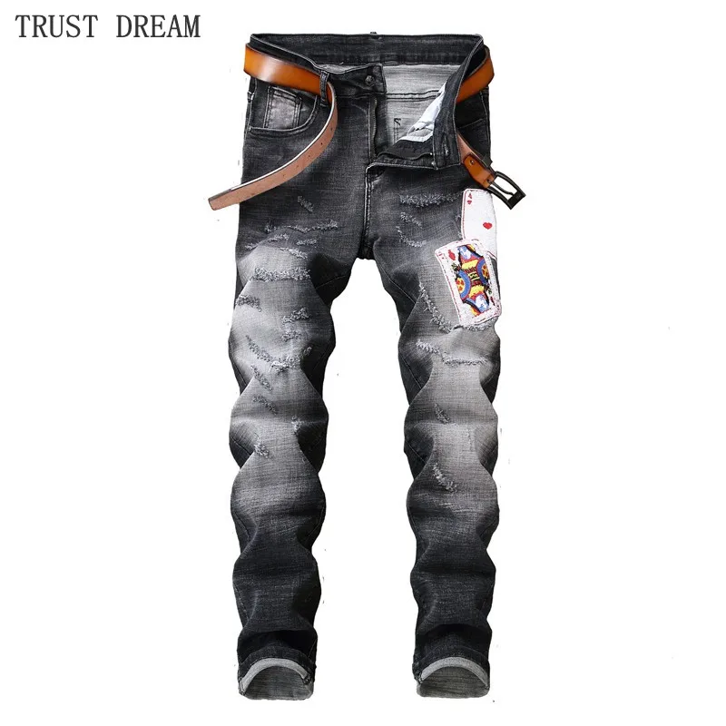 

2019 Autumn Europeans Style Men Patchworks Hole Jeans Vintage Stonewashed Decor Poker Man Special Street Club Amazing Slim Jean