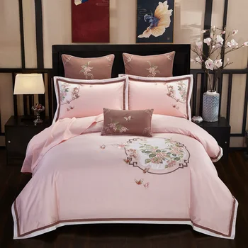 

YeeKin 60S Egyptian Long-Staple Cotton Embroidery Peach Blossom Chinese Weddding Bedding King Sateen Cotton Embroidery Peach