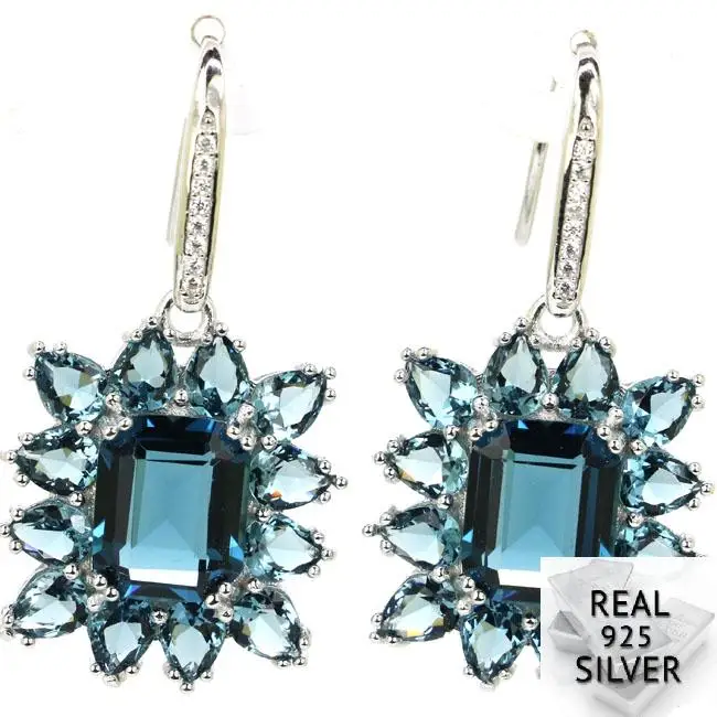 

Real 8.6g 925 Solid Sterling Silver Ravishing Top London Blue Topaz CZ Ladies Earrings 38x21mm