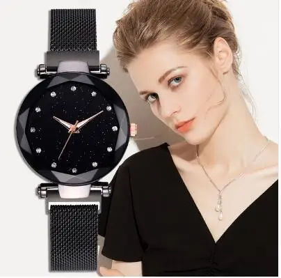 

Dropshipping Luxury Magnet Buckle Starry Bracelet Quartz Watches Women Fashion Black Desgin Clock Ladies Wrist Watch 2019