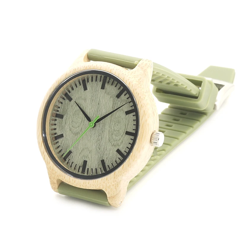 BOBO BIRD B06 Original Bamboo Case Green Dial Wood Watch Mens Fashion Quartz Watch with Green Silicon Band holz armbanduhr