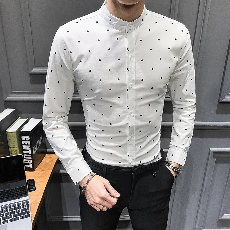 Moda 2019 camisa hombres marca All Match Polka Dot manga larga hombres camisa soporte cuello Slim Casual Hombre de vestir 3XL M|Camisas informales| - AliExpress