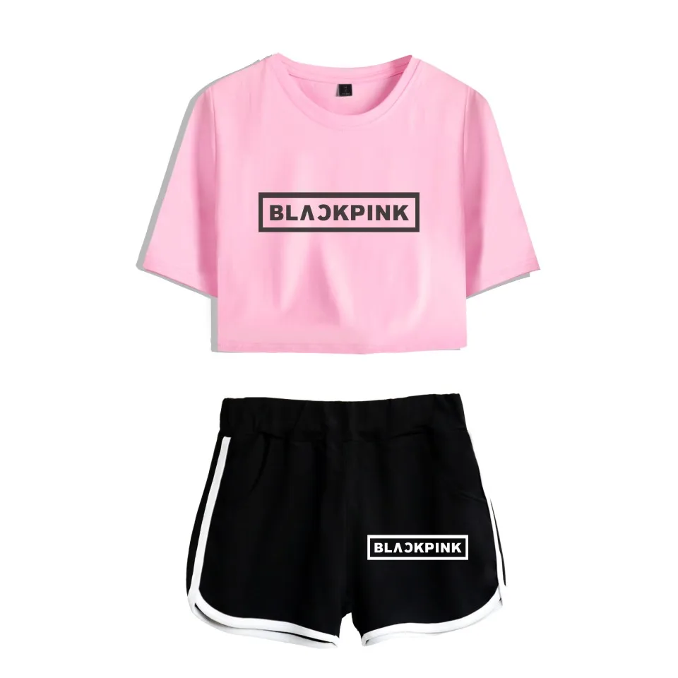 WEJNXIN летний Kpop черно-розовый укороченный топ и штаны, комплект, черный, розовый спортивный костюм для женщин, поддержка вентилятора, комплект из двух предметов, наряды Conjunto