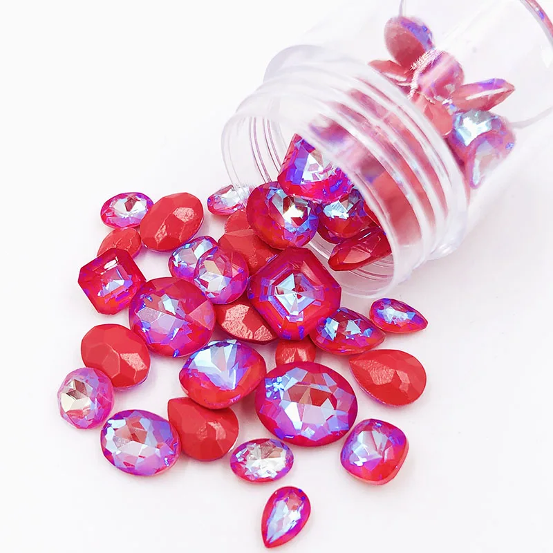 

High quality Red zircon mocha fluor pointback nail art Mix shape Mix size crystal glass rhinestones for nail decorations