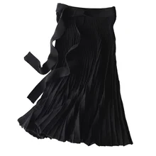 Модная осенняя и зимняя женская кашемировая юбка, черная серая плиссированная юбка с поясом, женские ретро Длинные вечерние юбки