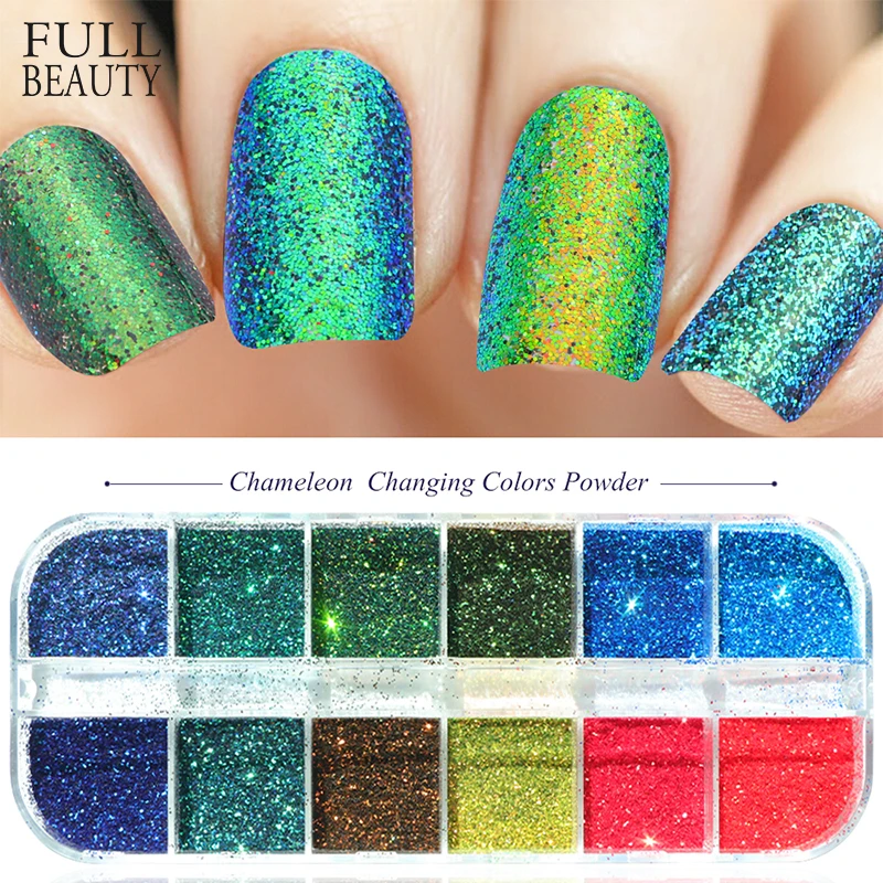 

Mix 12 Grids Chameleon Nail Glitter Powder Holographic Changing Color Sequins Sparkle Paillettes Nail Pigment Dust Decor CHBSF