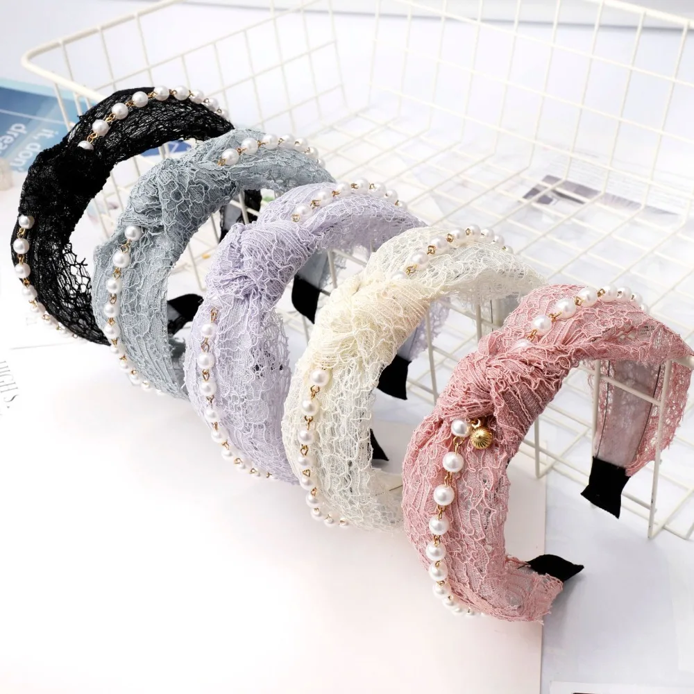 

2019 New Arrival Women Pearl Lace Wide Hairbands Sweet Turban Head Band Girls Hair Accessories High Quality Hair Hoop Band