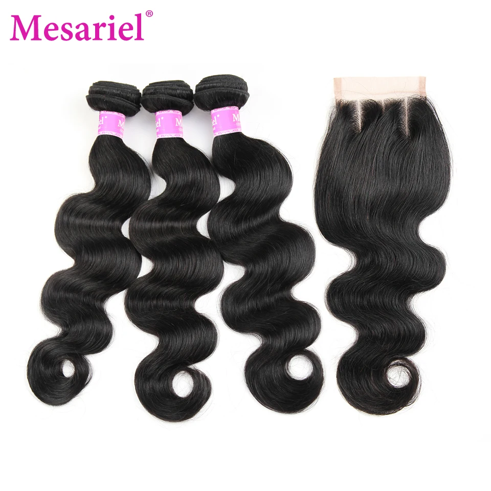 Buy 3 Bundles Get 1 FREE Closure Mesariel Brazilian Body Wave 3 Bundles Human Hair Weave With Three Part Closure Non remy Hair brazilian-body-wave-hair-bundles