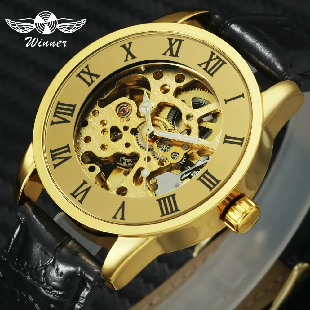 

WINNER Casual Unisex Auto Mechanical Watch Leather Band Skeleton Dial Roman Numeral Luminous Hands Fashion couple's Wristwatch