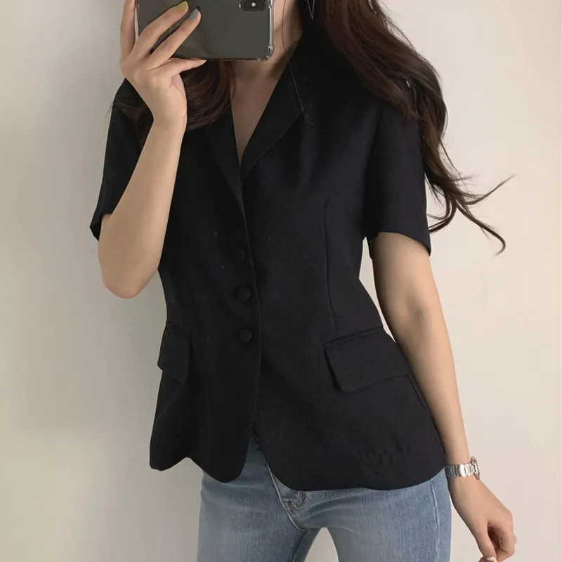 

2019 New Style Solid Color Suit Jacket Single-Breasted Cotton Chic Short Suits Janpan Casual Short Sleeve Blazer Coats