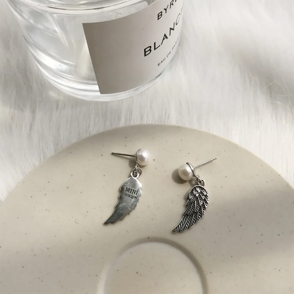 925 пробы Silver Pearl Angel Wings серьги стержня для Для женщин панк серьги простой дизайн хип-хоп мода aros harajuku ювелирные изделия