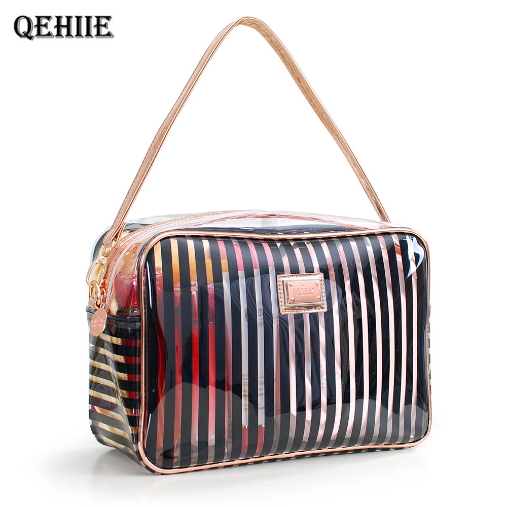 

Cosmetic bag Waterproof Clear PVC Make up Bag Wash Bags Large Capacity Pink striped Travel Organizer Women toiletry Bags