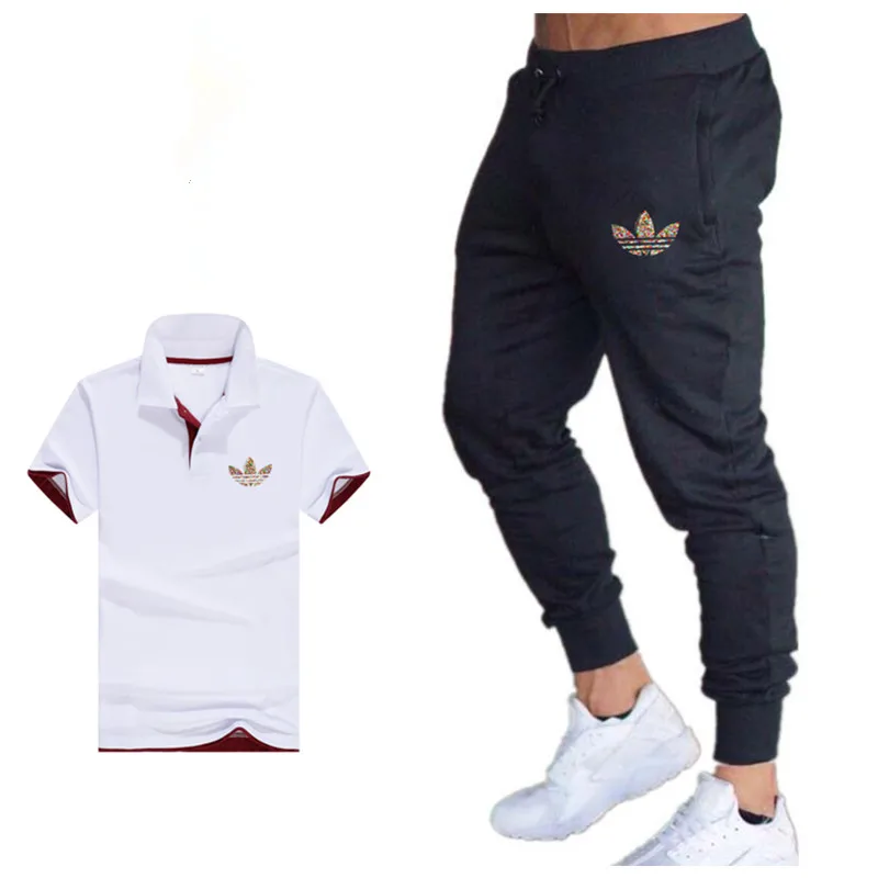 Высокое качество Мужские комплекты Поло рубашка + брюки Мужская брендовая одежда костюм из двух предметов спортивный костюм модные