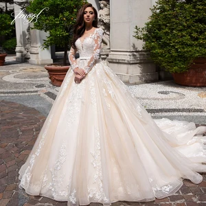 Fmogl Elegant Illusion Long Sleeve Vintage Wedding Dresses 2022 Luxury Scoop Neck Appliques Court Train A Line Bridal Gowns