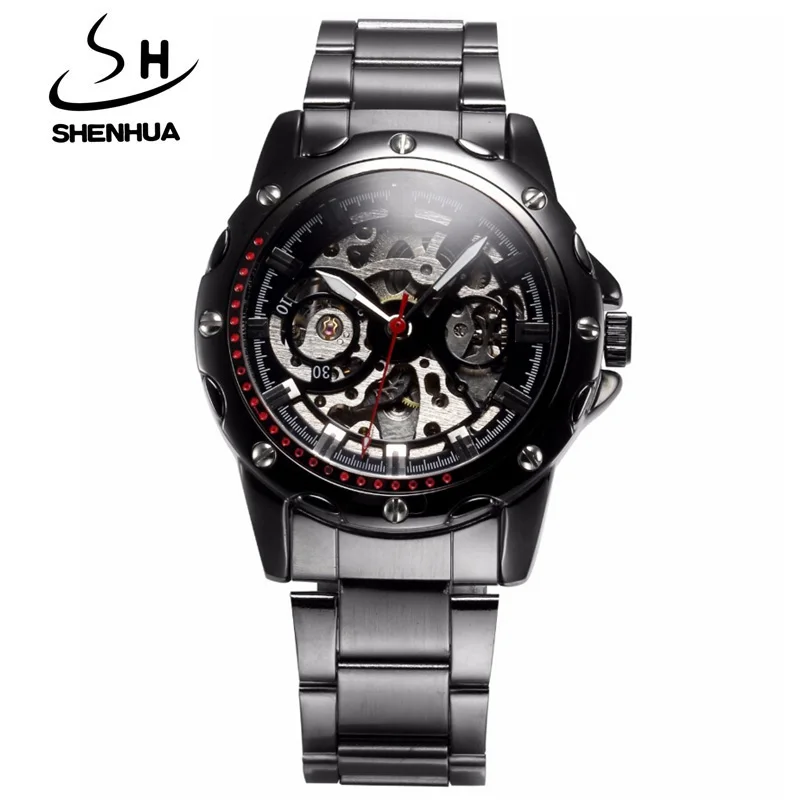 

Fashion Sports Style Mechanical Watches Luxury SHENHUA Brand Black Skeleton Mechanical Watches Automatic Self Wind Watches Alloy