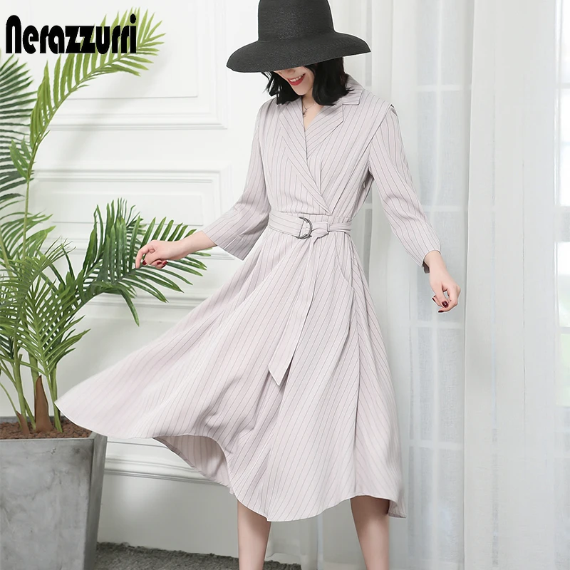 Nerazzurri High low dress women with sleeves long midi elegant notched lapel plus size striped work office dress with belt 5xl