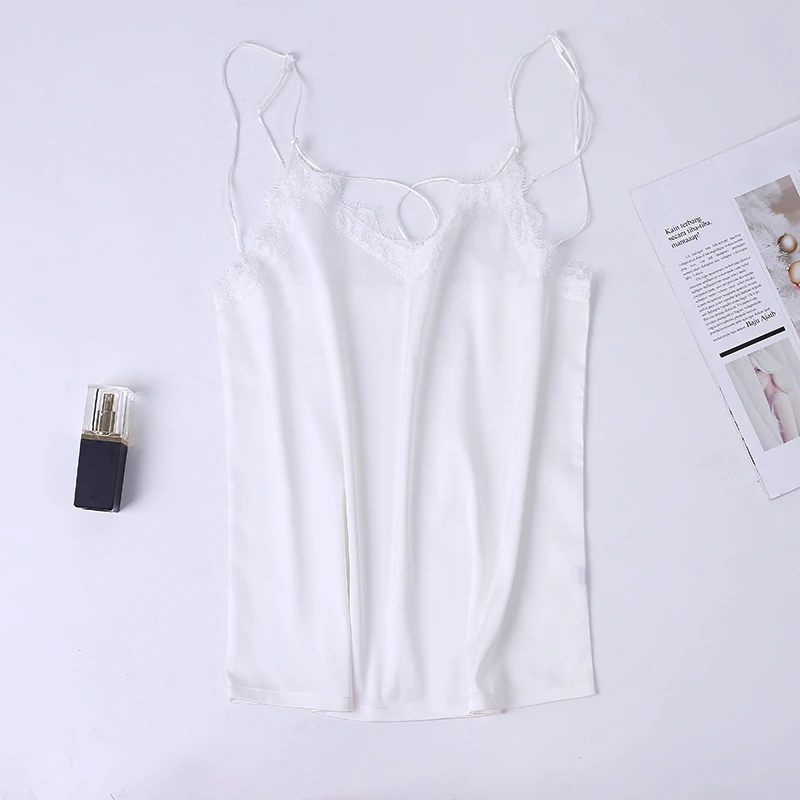 Lace Silk Cami Top Tank Ladies Summer Tops Solid Color Spaghetti Strap Camisole Tops - Цвет: Black