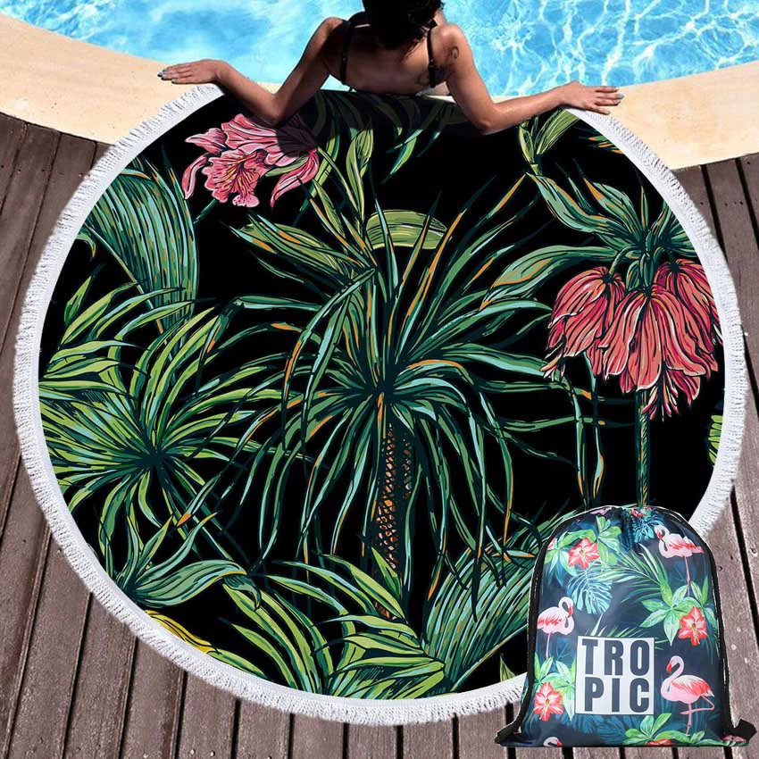 

Leaves Flower Summer Round Beach Towel Microfiber with Drawstring Backpack Bag Shower Towels Mat Bikini Cover Up with Tassels