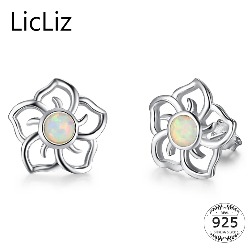Женские серьги гвоздики LicLiz 925 пробы с серебристым цветком 4 мм Белый огненный