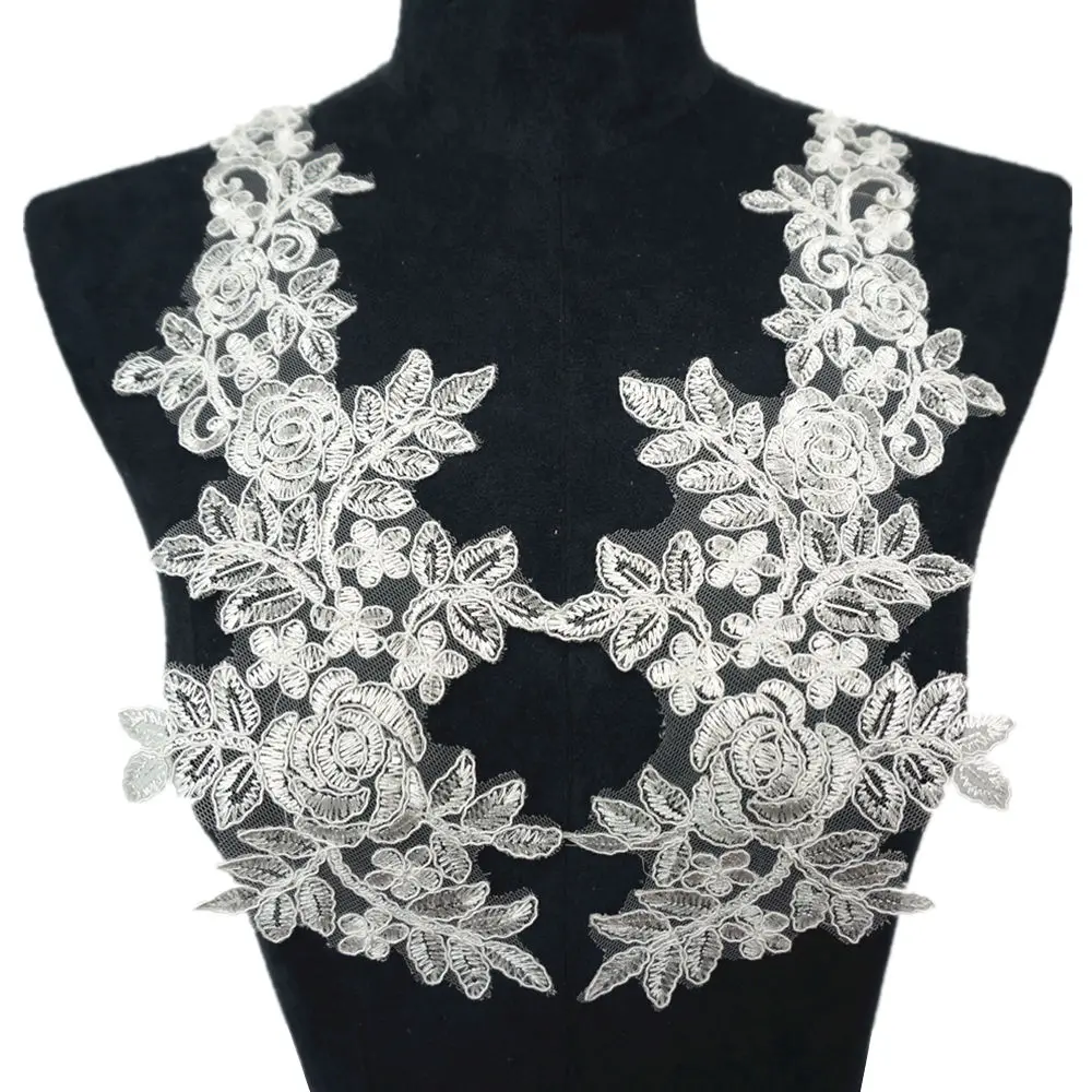 

2PCS White Flowers Leaves Roses Mesh Fabric Wedding Appliques Sew Patches Lace Embroidery For Evening Dress DIY Decoration
