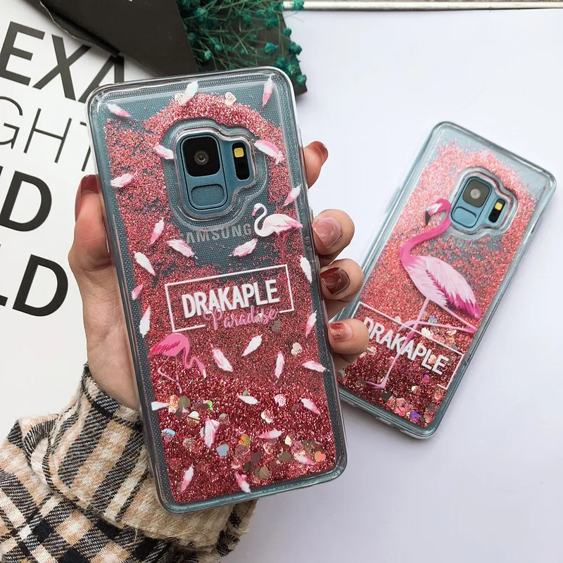 Блестящие чехлы с розовым сердцем и жидким фламинго для Samsung Galaxy S10 S9 S8 Plus S7 Edge A6 A7 A8