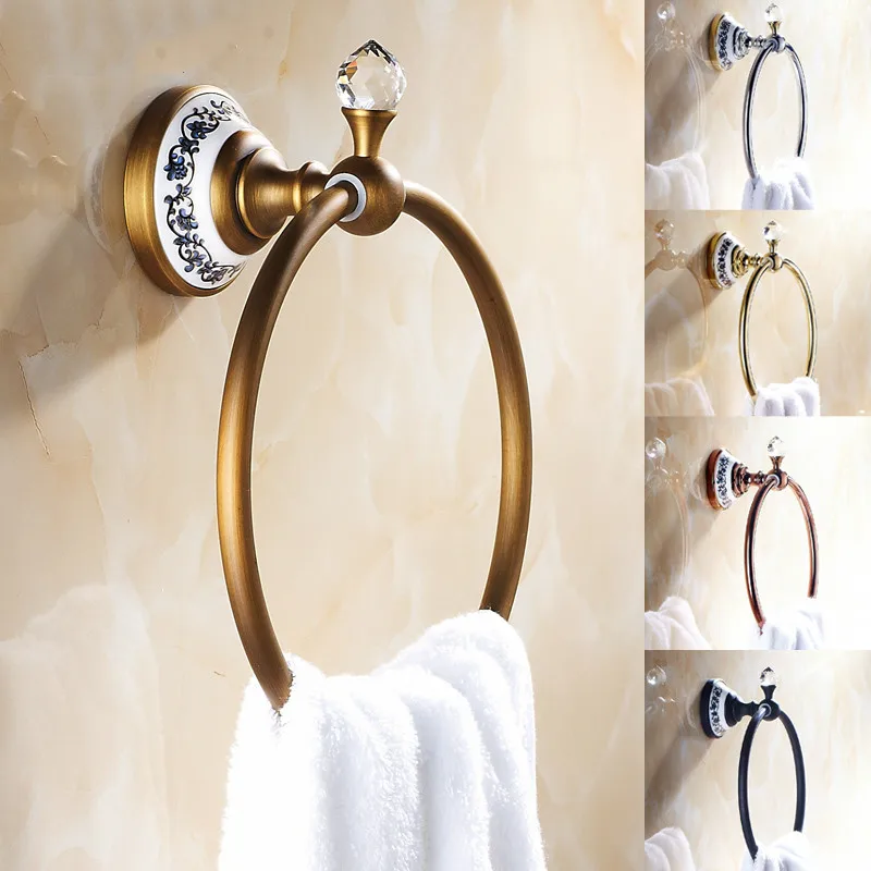 Antique Black Gold Silver Porcelain&Crystal Towel Ring European Brass