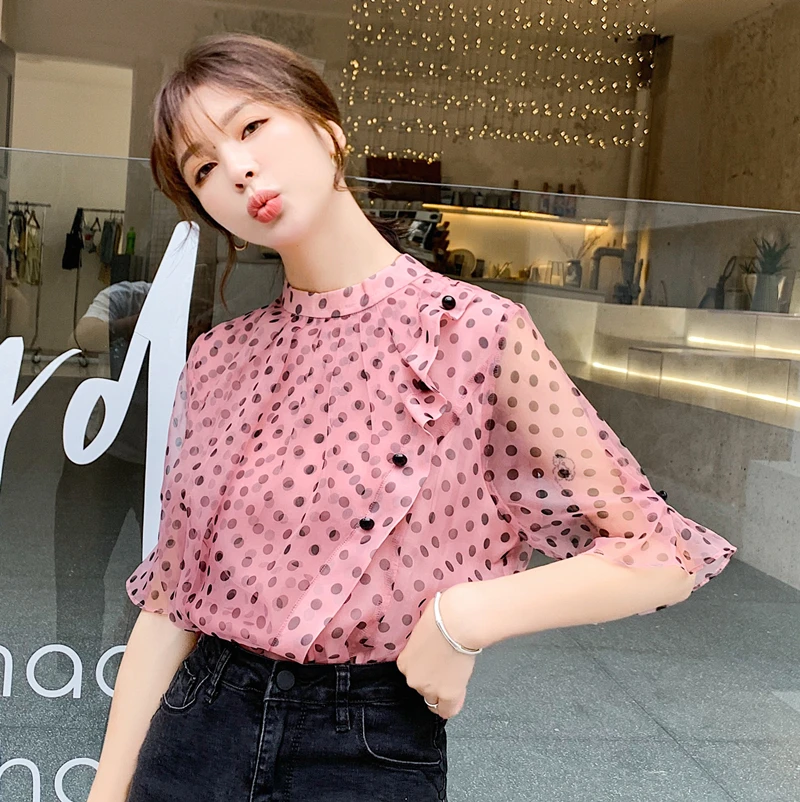 

Summer New Women Chiffon Blouses Shirt Women Top Polka Dot Chiffon Ruffle Half Sleeve O-Neck Fashion Shirt Women's Clothing 18J7