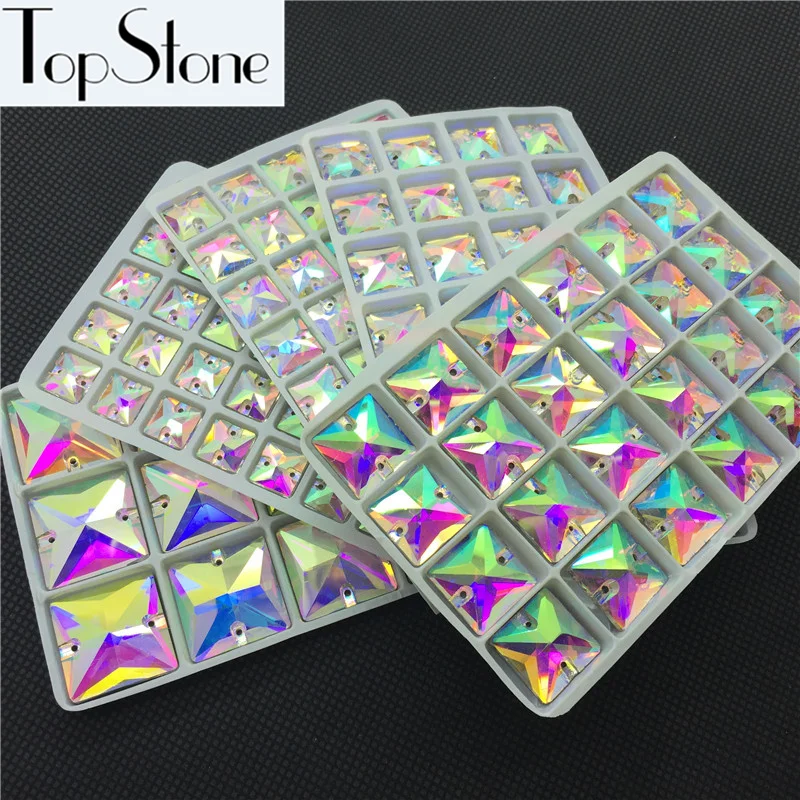 

Wholesale Square Sew On Stone Crystal Clear AB Color 10,12,14,16,22mm Sewing Glass Crystal Beads Flatback 2 holes Dress Making
