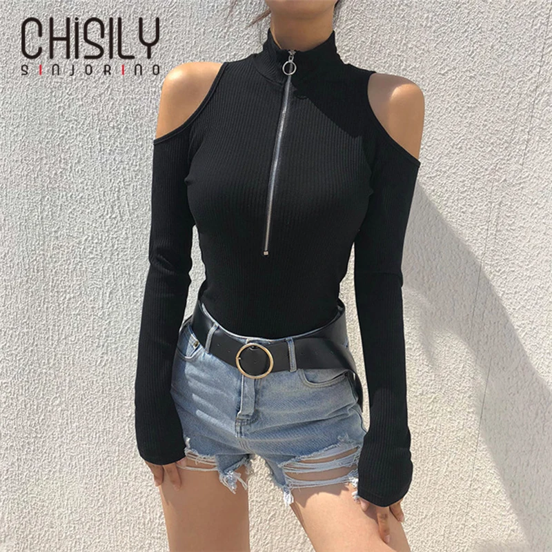 CHISILY SINJORINO Sexy Off Shoulder Skinny Women Zipper Bodysuit Turtleneck Black Long Sleeve Bodycon Top Body Jumpsuit Femme